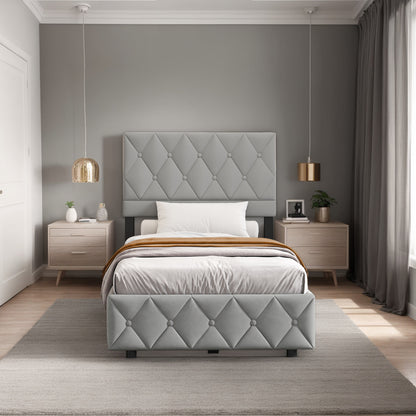 Boxspringbed – Opbergbed – Tweepersoonsbed – Slaapbed – Stofbed – Hydraulische Opbergruimte – Hoog Knoop Hoofdbord – Houten Lattenbodem – Lichtgrijs – Diverse Maten