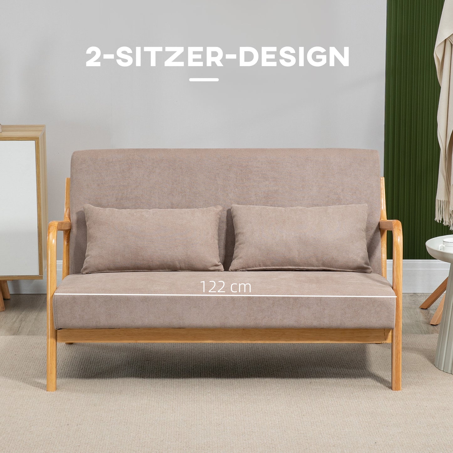 2-Zitsbank – Loveseat – Sofa – Tweezitsbank – Compacte Bank – Lichtgrijs – Fluweelstof – Rubberhouten Frame – Met 2 Kussens