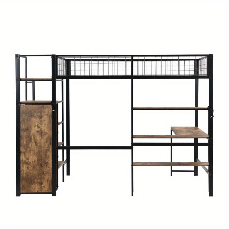 Hoogslaper – Stapelbed – Bedbank – Mezzanine Bed – Bed met Kast – Zwart + Bruin – 140x200 cm – Met Stabiel Metalen Frame