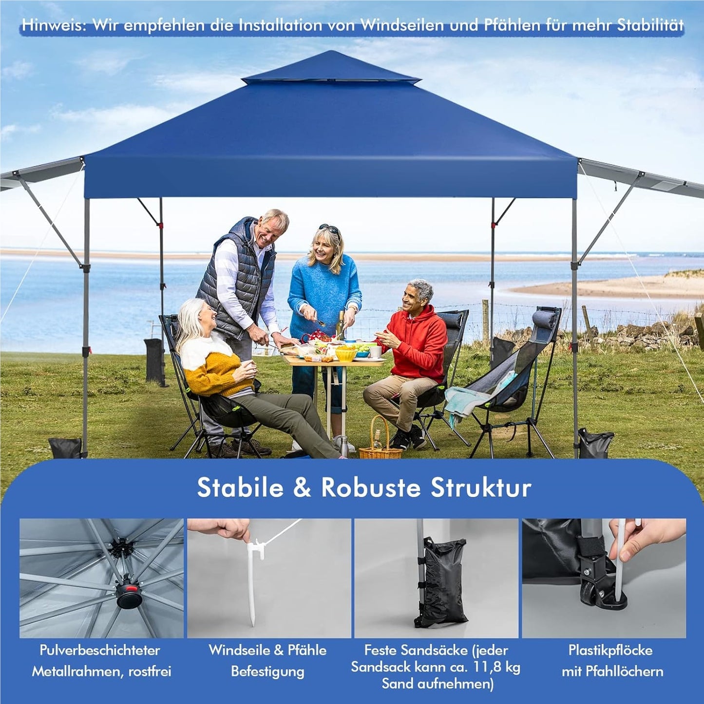 Pop-Up Pavilion – Vouwtent – Partytent – Tuinkamer – Zonnetent – 3 x 3 m – UV Bescherming 50+ – Waterdicht en Windbestendig – Blauw