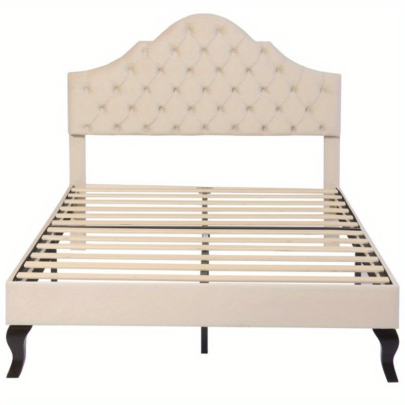 Gestoffeerd Bedframe – Bedombouw – Bedframe – Slaapbed – Bed – 140x190 cm – Verstelbare Hoofdsteun – Houten Lattenbodem – Beige Velours