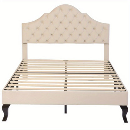 Gestoffeerd Bedframe – Bedombouw – Bedframe – Slaapbed – Bed – 140x190 cm – Verstelbare Hoofdsteun – Houten Lattenbodem – Beige Velours