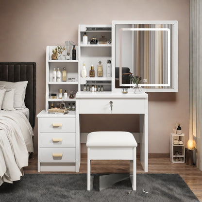 Make-up Tafel – Kaptafel – Schminktafel – Vanity Tafel – Make-up Bureau – Met Spiegel en Zacht Krukje – Metalen Frame – Wit – 85x130x36 cm