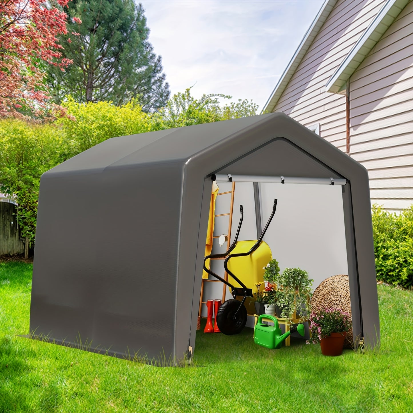 Carport – Overkapping – Tuinoverkapping – Garage Tent – Opslagtent – Waterdicht PE Materiaal – Versterkt Metalen Frame – Roll-Up Ritsdeuren – Afmeting 243x243x235 cm – UV Bestendig – Grijs