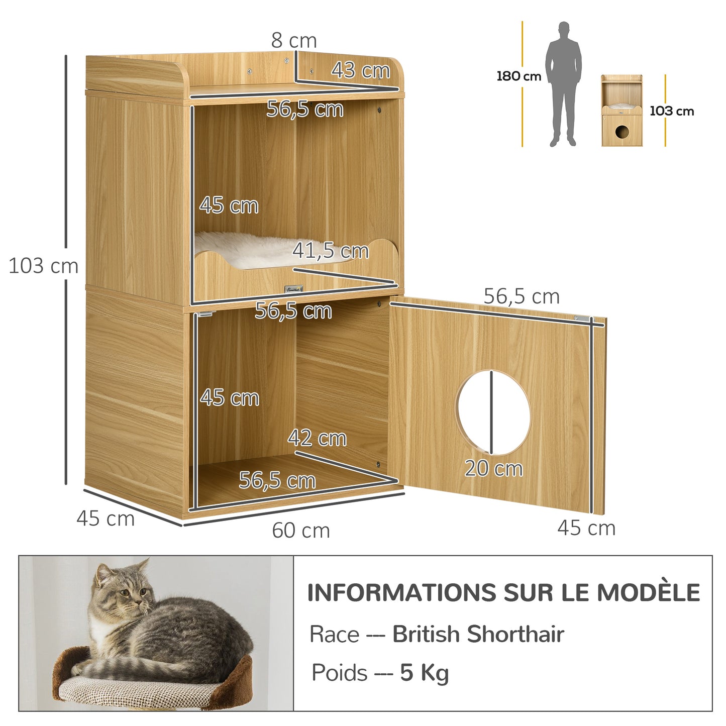 Kattenbakmeubel – Kattenhuisje – Kattenverblijf – Kattenmeubel – Kattenkast – 3 Niveaus Met Deur – Inclusief Zachte Kussen – Afm. 60x45x103 cm – Eiken Look