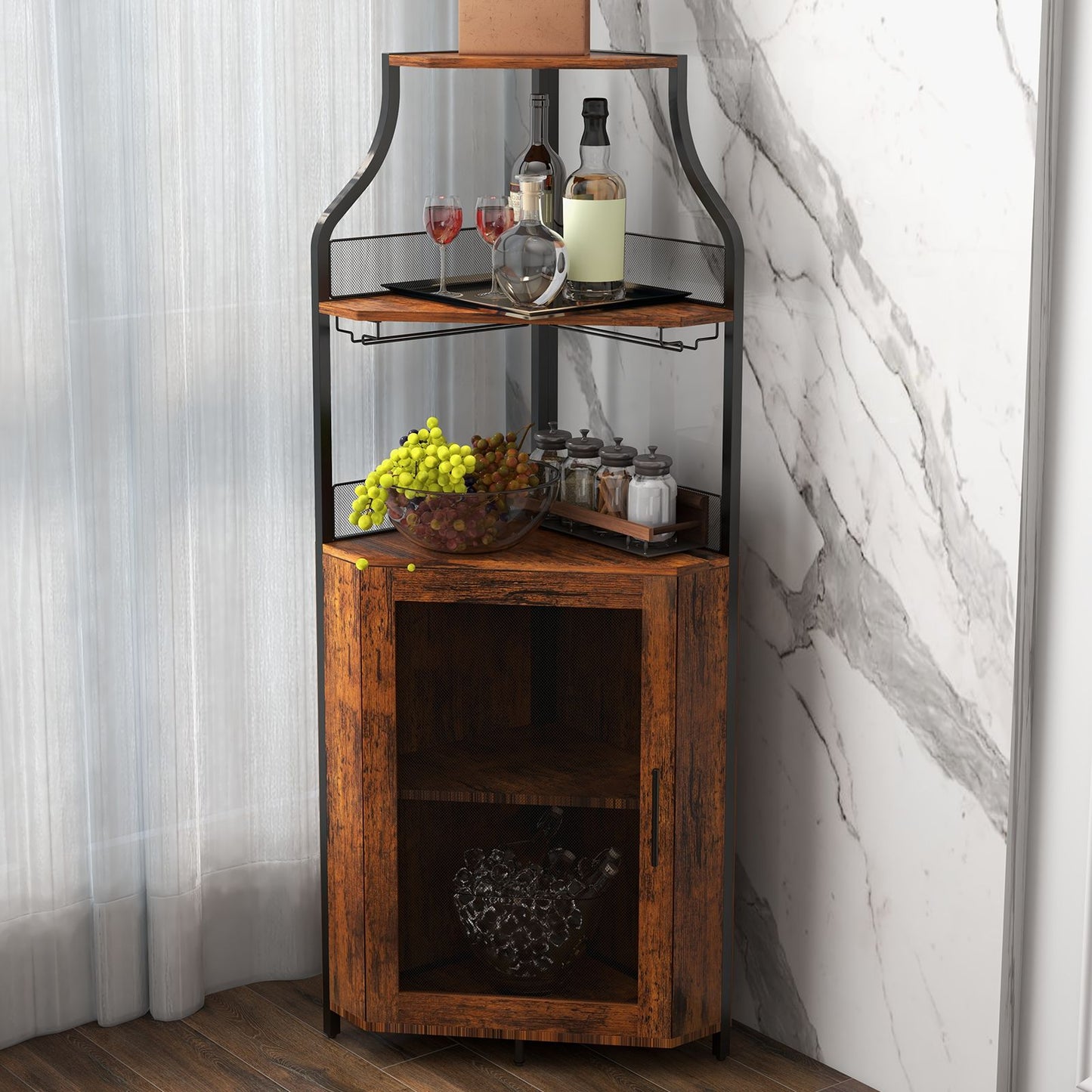 Modern Wine & Liquor Corner Bar Cabinet with Glass Rack - -Standing Storage Cabinet Suitable for Living Room, Dining Room - Wine Shelf with Mesh Door & Assembly Required