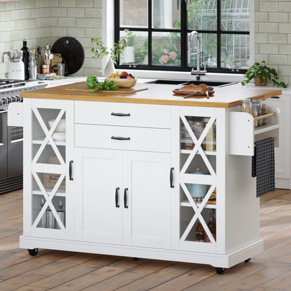 Keukentrolley – Keukenkast – Serveerwagen – Opbergtrolley – Keukenwagen – Wit – 4 Deuren met Glas – Verstelbare Planken – 2 Lades – Verrijdbaar – 120x40/63,5x94,5 cm – Modern Design