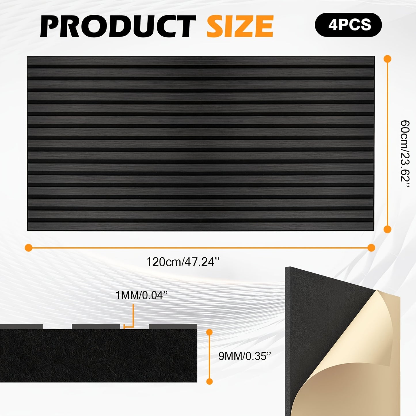 4pcs EUNEWR Black Wood Wall Panels, 47, 5.08cm x 23, 157.48cm - Sound Absorbing, Diffusion Panels for Home Office & Cinema, PVC Material, 20kg/m²-25kg/m² Density, Easy Installation with Adhesive Strips, Soundproof Wall Pane