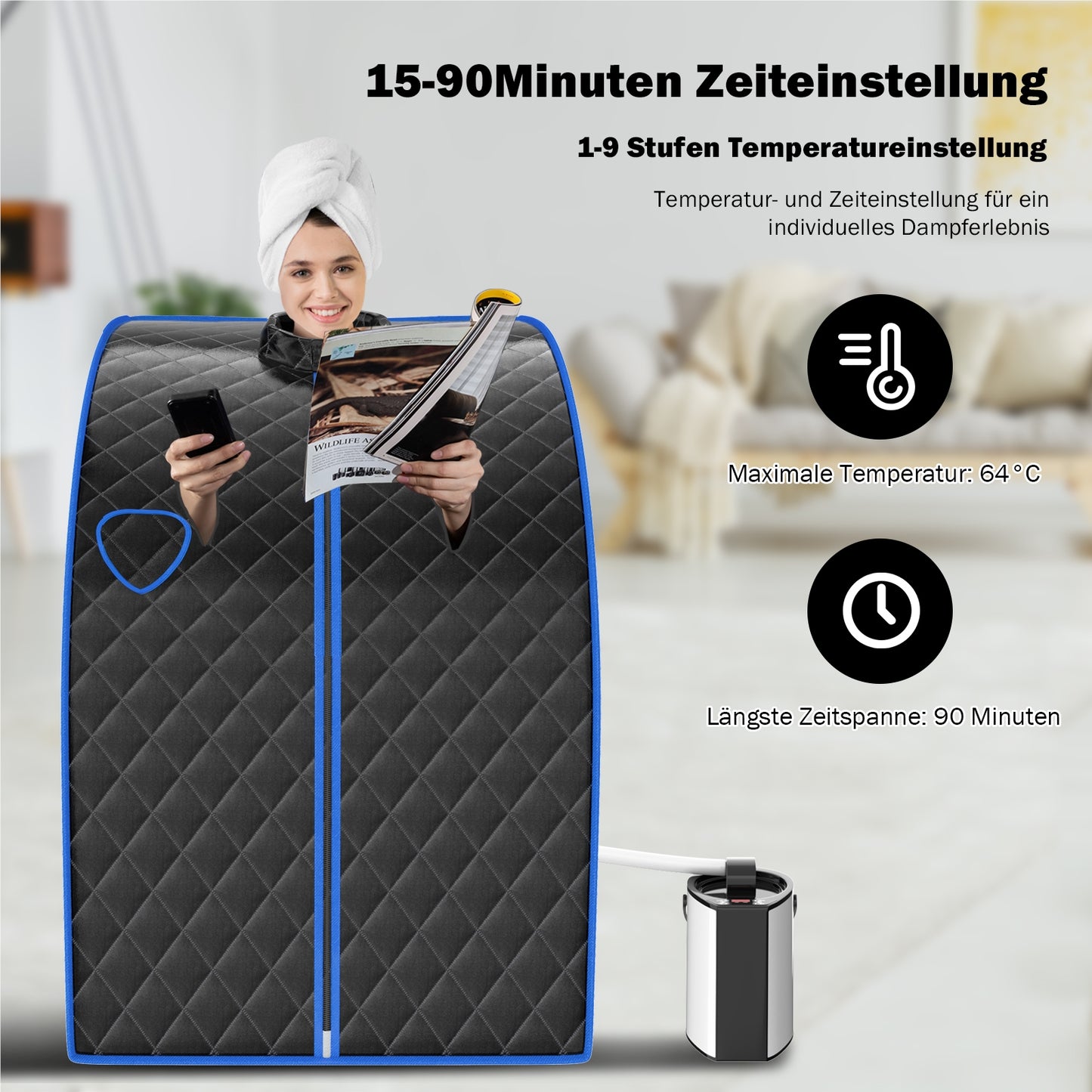 Mini Stoomsauna – Stoamcabine – Draagbare Sauna – Persoonlijke Sauna – Stoombad – 3L Waterreservoir – Afstandsbediening Met Timer & Temperatuurregeling – Zwart