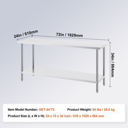 Inpaktafel – Werkbank – Werktafel – Buffettafel – Inpakstation – RVS 0,8 mm Staal – 183x61x86 cm