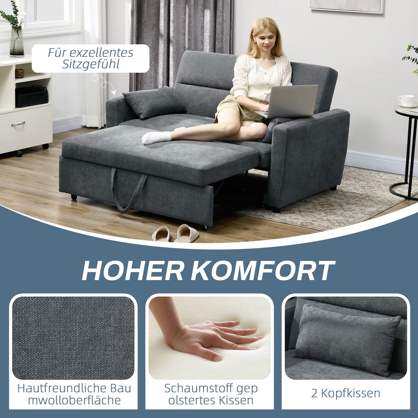 Slaapbank – Bank – Sofa – Bedbank – Logeerbed – 2-Zits – Verstelbare Rugleuning – Fluwelen Bekleding – Stevig Eucalyptus Houten Frame – Donkergrijs