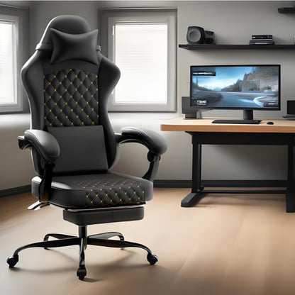 Ergonomically Designed Gaming Chair | Leather Upholstered with Massage Function and Footrest, Supports up to 150kg, Enhances Comfort for Gaming and Office Use, Black