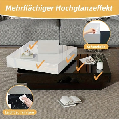 Uitbreidbare Salontafel – Draaibare Tafel – Woonkamertafel – Uitschuifbare Tafel – Moderne Lounge Tafel – Glanzend Wit Met Zwarte Witte Stiksels – Dubbele Laag Met Bamboe Materiaal