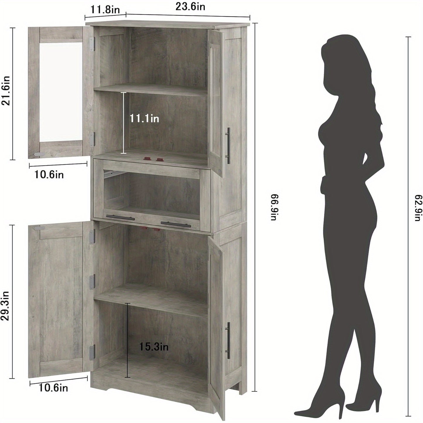Badkamerkast – Badkamermeubel – Opbergkast – Kolomkast – Wastafelonderkast – Hardhouten Constructie – Verstelbare Planken – Grijs – 170x62x30 cm