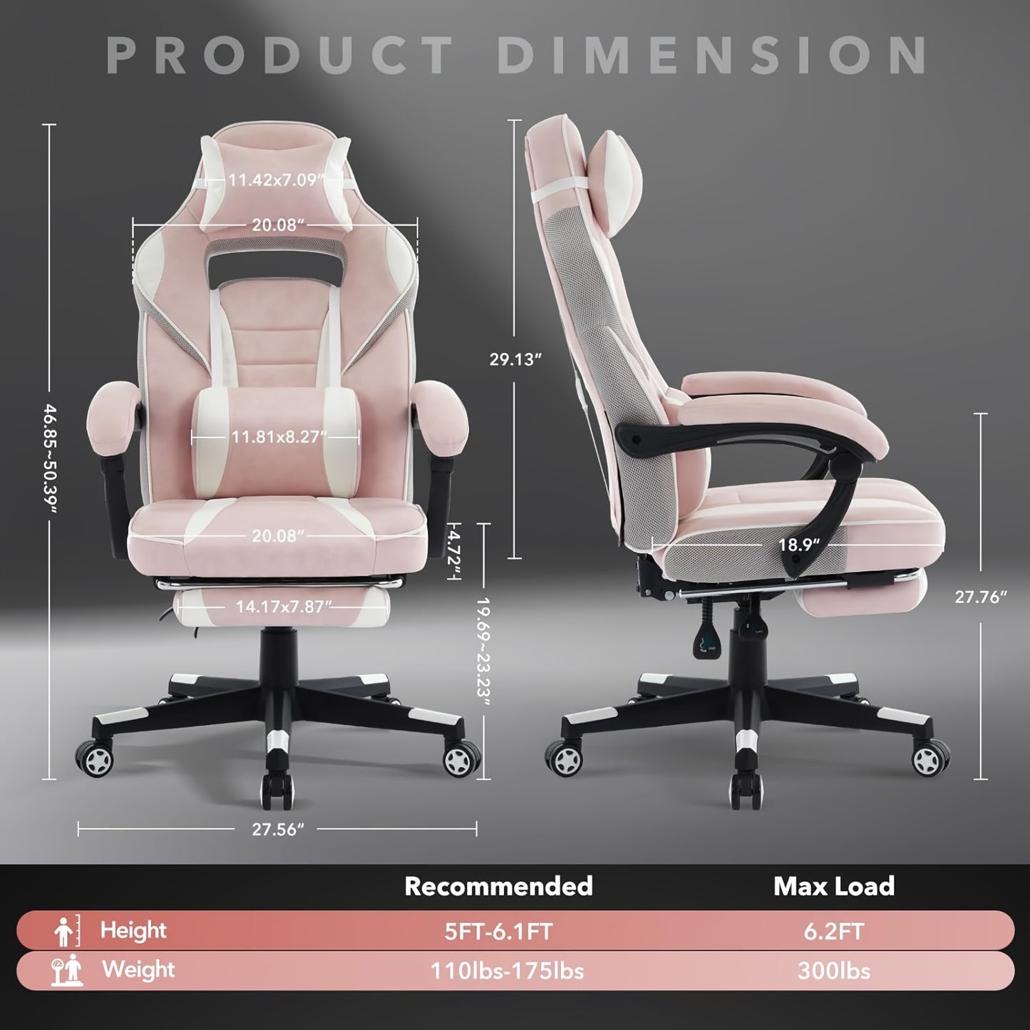 Ergonomic Gaming Chair with Massage Lumbar Support & Retractable Footrest - 360° Swivel, Height-Adjustable Computer Desk Chair with Headrest & Backrest Cushion, Quiet-Rolling Casters for Office & Home, Easy Assembly (No Tool