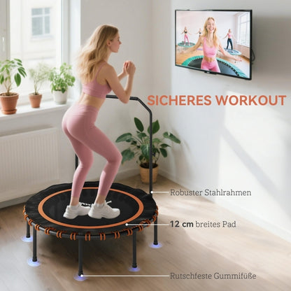 Fitness Trampoline – Springmat – Rebounder – Mini Trampoline – Trainingsapparaat – Instelbare 5-standen Handrail – 32 Bungee Koorden & Stevig Stalen Frame – Compact Opvouwbaar – Zwart