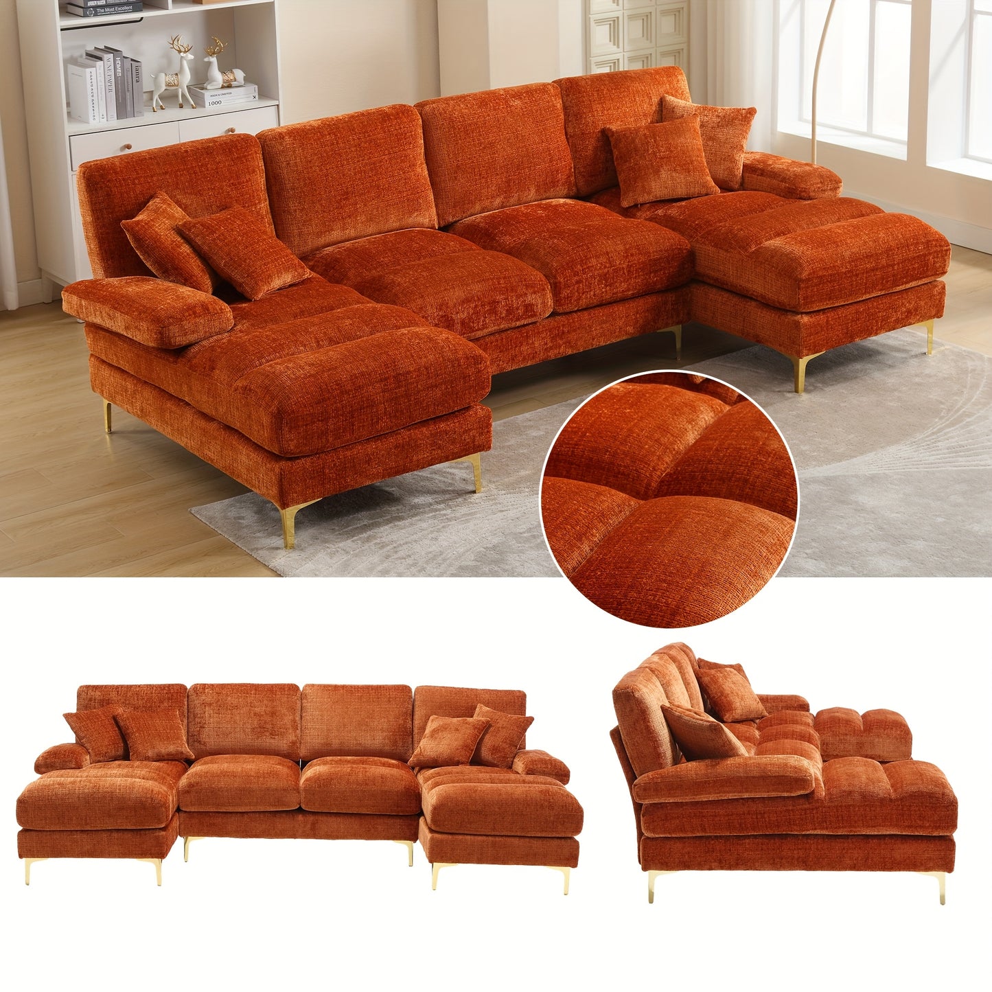 Hoekbank – Hoekbanken – U-bank – 4-zitsbank – Zitbank – Oranje Chenille – Dubbele Relaxzetels – Ruim U-vormig Design