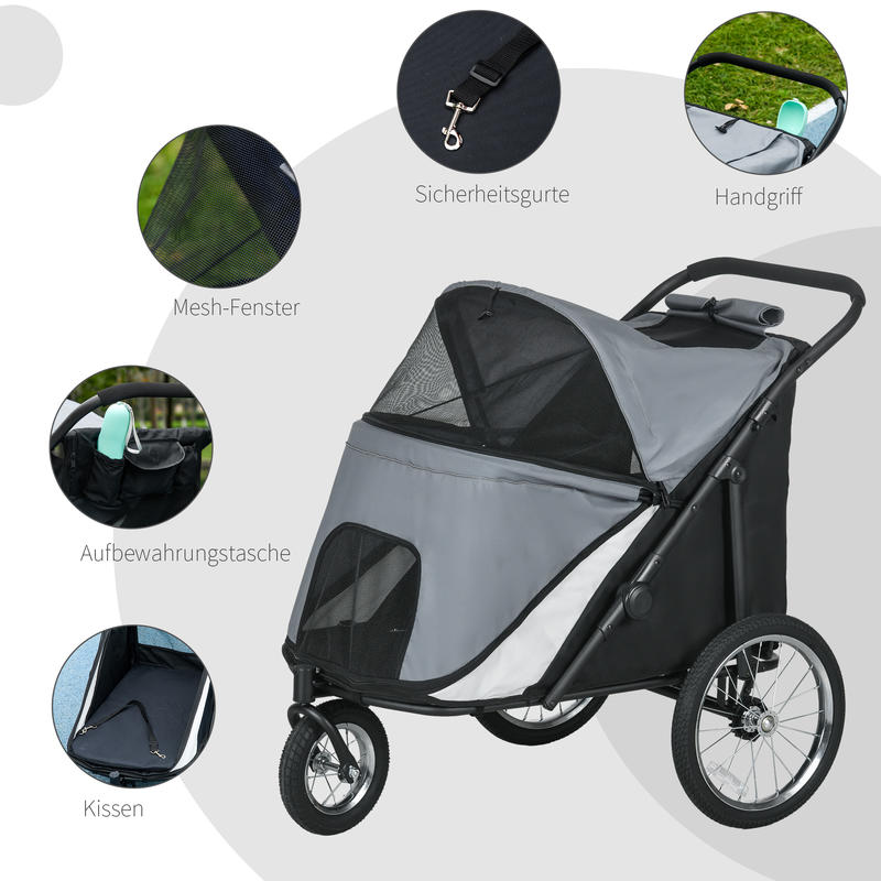 Dog Buggy, Foldable, Foldable, Reclining Cushion, Steel Frame, Grey/ Black Dog Buggy