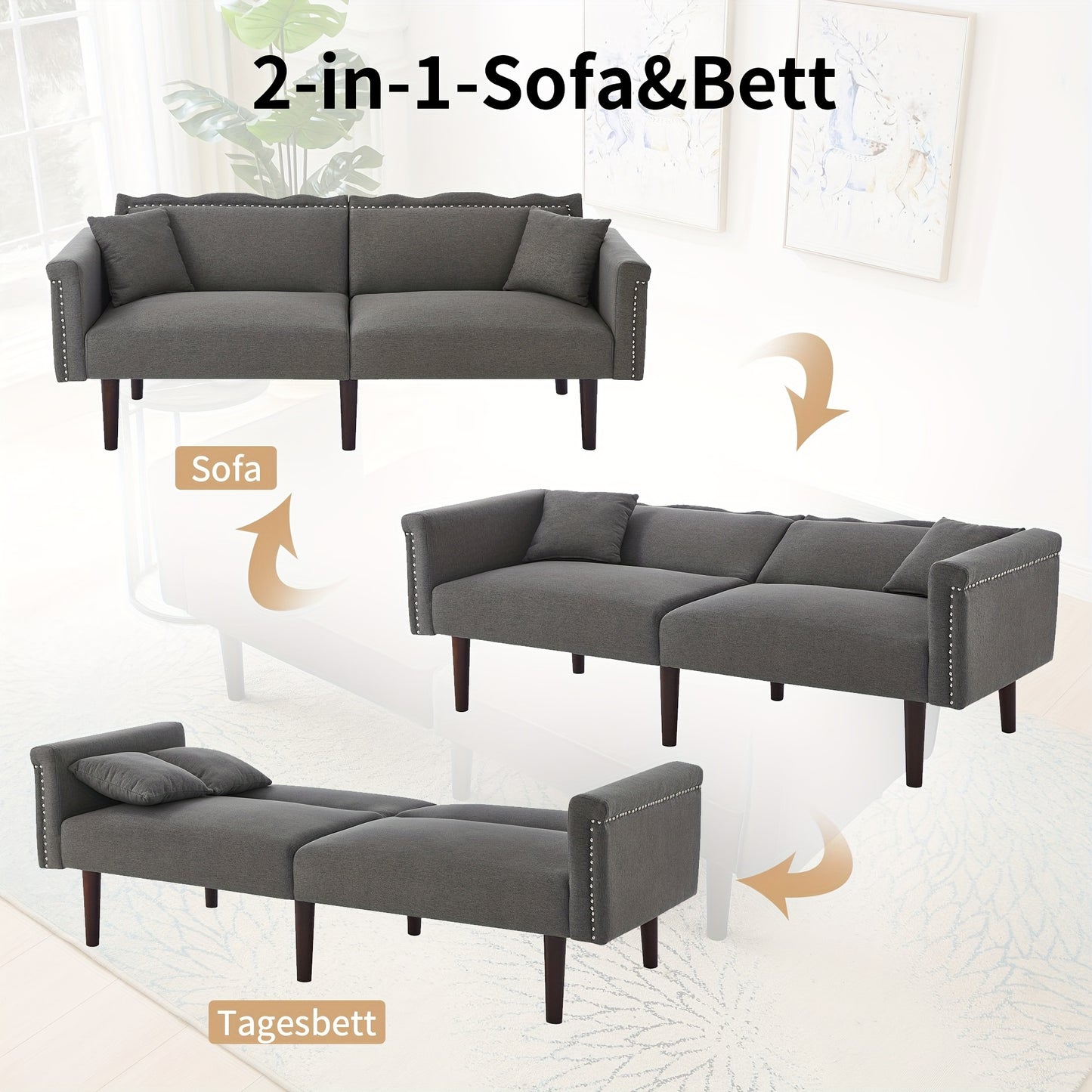 Bedbank – Slaapbank – 2-Zits Bank – Sofa – Logeerbed – Verstelbare Rugleuningen – Katoen-Linnen Bekleding – Hoogwaardig Schuim