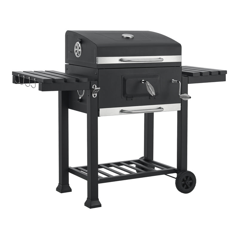 Grillwagen – Barbecuewagen – Houtskoolgrill – Tuingrill – BBQ Trolley – Ruime Grilloppervlakte 105x114x47,5 cm – Ingebouwde Thermometer & Traploze Houtskoolhoogteverstelling