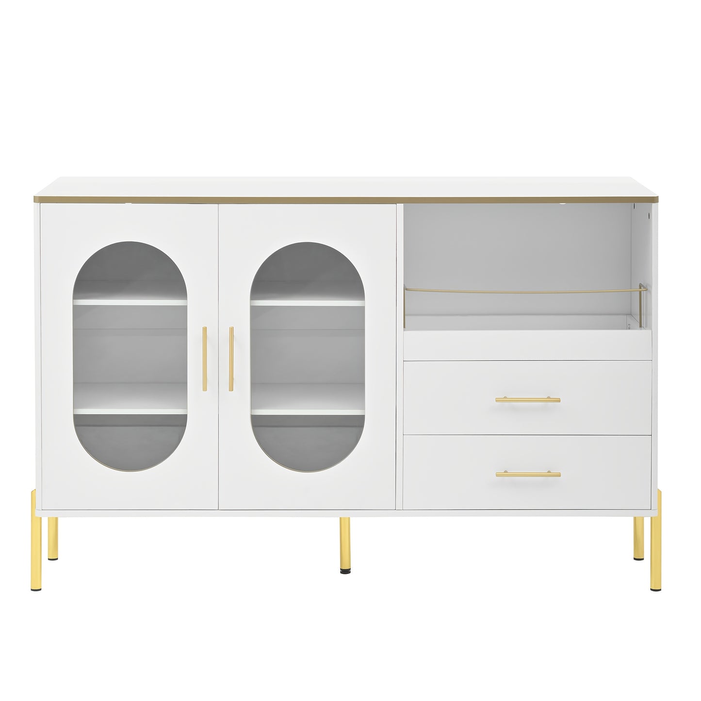Modern White Sideboard with Golden Accents - Contemporary Metal Cabinet, 2 Drawers & Glass Doors Storage Unit, No Assembly Required for Living Room, Dining Room, Hallway - Elegant Home Decor Furniture, Versatile Cabinet, Slee