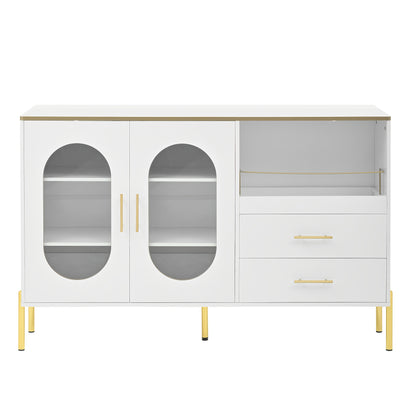 Modern White Sideboard with Golden Accents - Contemporary Metal Cabinet, 2 Drawers & Glass Doors Storage Unit, No Assembly Required for Living Room, Dining Room, Hallway - Elegant Home Decor Furniture, Versatile Cabinet, Slee