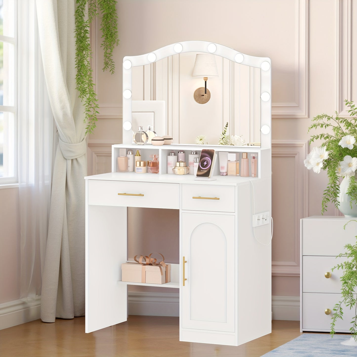 Make-uptafel – Kaptafel – Visagietafel – Make-up Bureau – Make-up Spiegel – Wit met Gouden Accenten – Grote Spiegel 45x70 cm – 3-Kleurige Instelbare LED-Verlichting