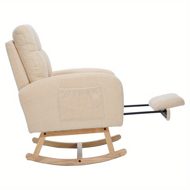 Schommelstoel – Relaxstoel – Fauteuil – Voedingsstoel – Loungestoel – Teddy Stof Bekleding – Stevig Houten Frame – 132x50x99 cm – Beige