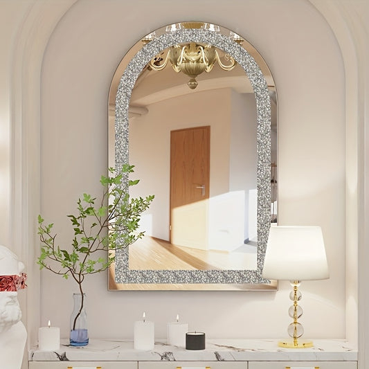 Arched Diamond Wall Mirror, Crystal Bling Wall Mount Mirror Living Room, 90×60cm Design Decorative Mirror Entrance, Modern Art Wall Crushed Cristal Decoration, Modern Bedroom Makeup Bathroom HD Mirror For Home, Bathroom, Hot