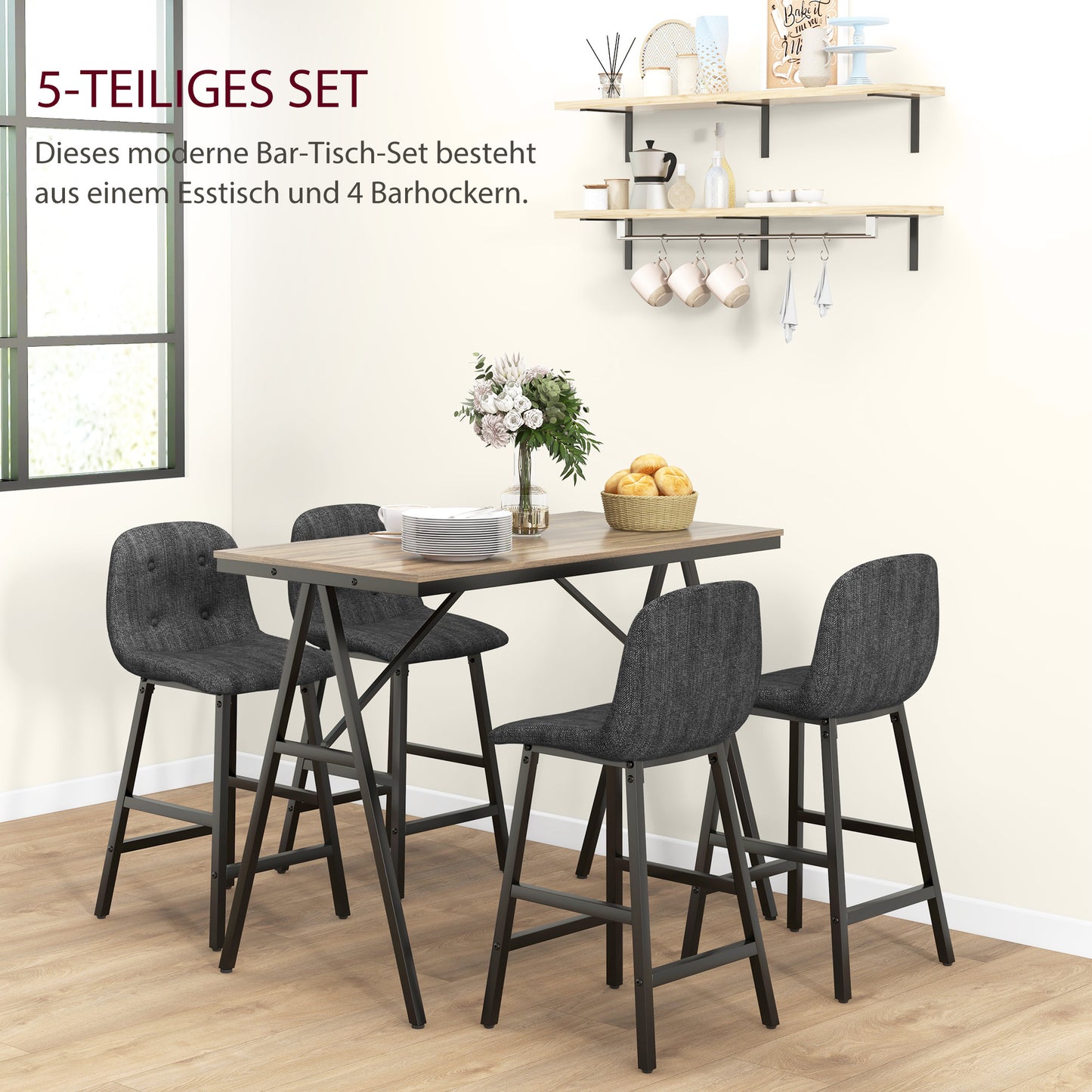 Eetkamer Set – Diningset – Tafel Met Stoelen – Eettafel Set – Stoelen Set – Donkergrijs – Button Tufting – Dikke Linnenlook Bekleding