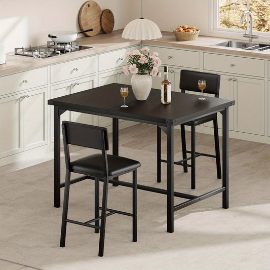 Dining Table Set for 2 W/Footrest & Backrest, Counter Height Table with 2 Bar Chairs, Kitchen Table Set with Corner Protector, for Small Space