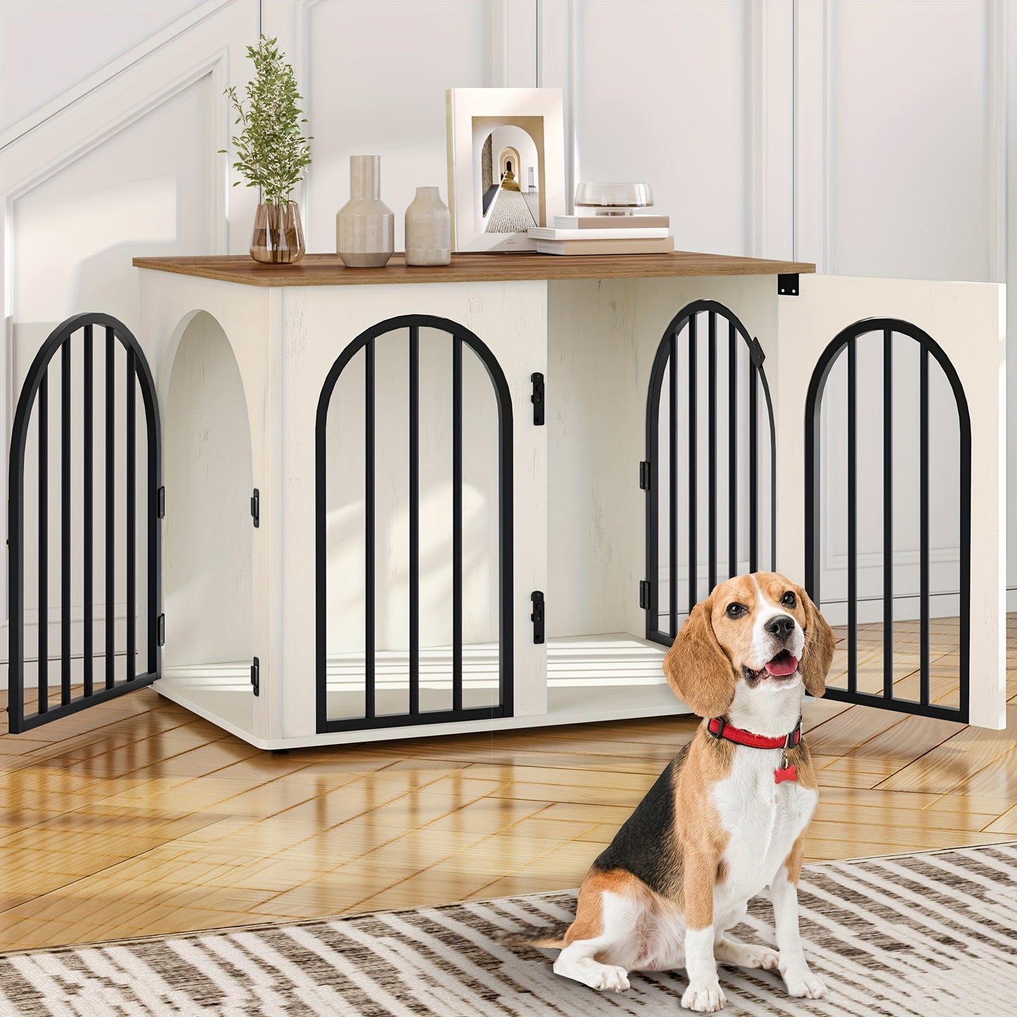 Hondenbench – Hondenkooi – Kennel – Hondenhok – Huisdierbench – Ruim 80x56x61 cm – Stijlvol met Zijtafeltje en Verstelbare Poten – Stevige Roestvrijstalen Constructie