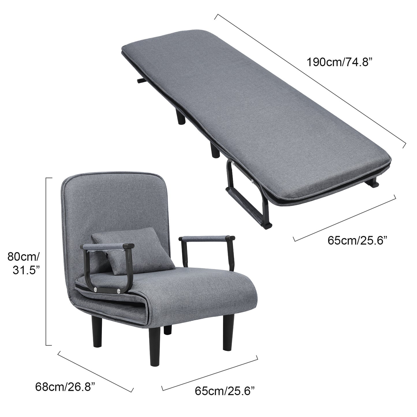 Slaapbank – Sofa Bed – Sofabed – Bedbank – Bedbankje – 3-in-1 Opvouwbaar – Memory Foam – Compact 68x25,5 cm – Grijs