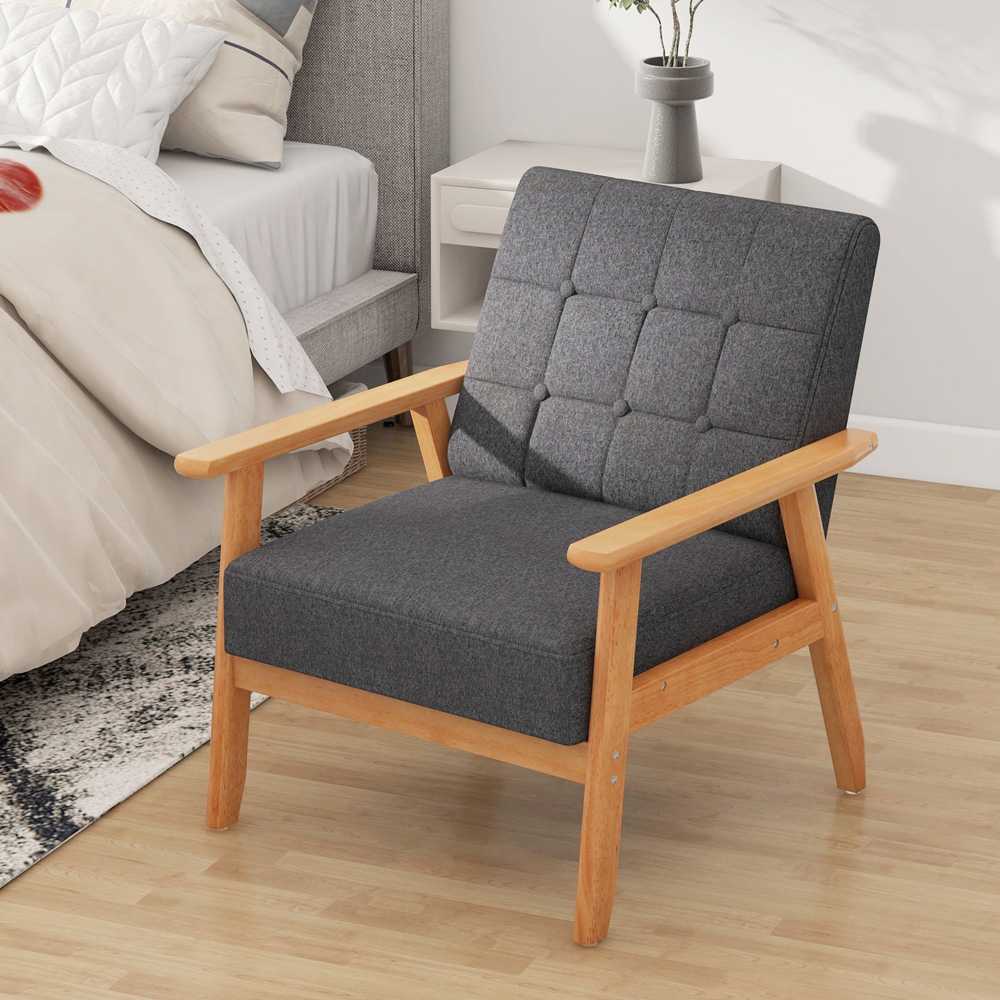 Fauteuil – Accentstoel – Leunstoel – Loungestoel – Armstoel – Mid-Century Modern Design – Ademend Linnen – Stevig Rubberhouten Frame – Grijs – Draagkracht 150 kg
