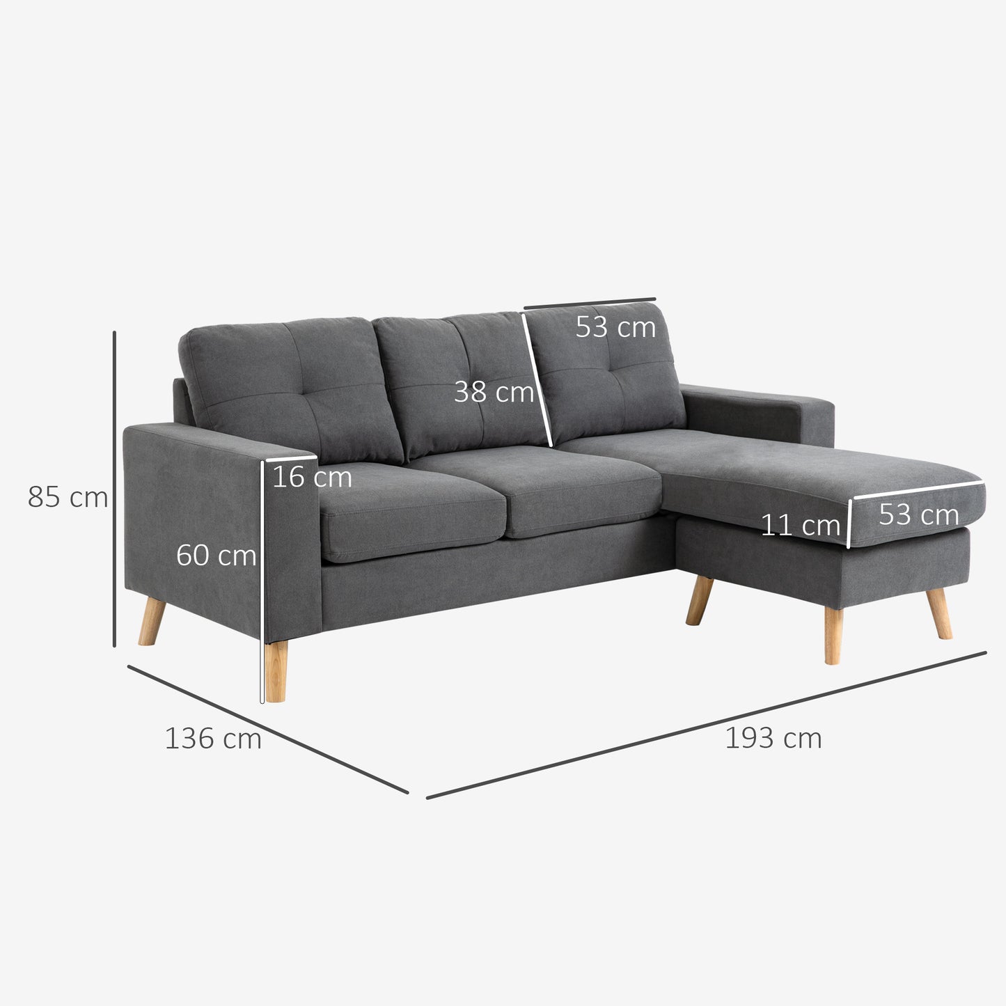 Hoekbank – Loungebank – Sofa – Hoeksalon – 3-Zitsbank – Linnen Look Stof – Chaise Longue – Stevig Houten Frame – 193x136x85 cm