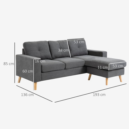 Hoekbank – Loungebank – Sofa – Hoeksalon – 3-Zitsbank – Linnen Look Stof – Chaise Longue – Stevig Houten Frame – 193x136x85 cm