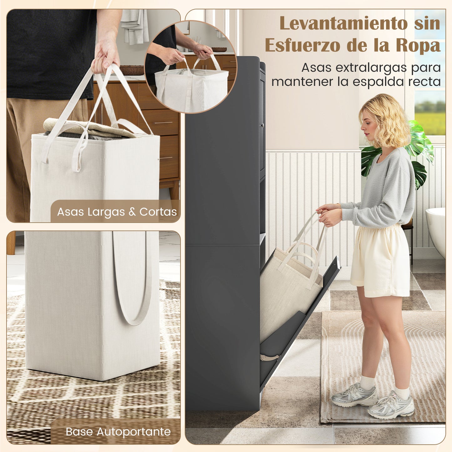 Badkamerkolom – Badkamerkast – Kolomkast – Smalle Kast – Opbergkast – Afneembare 48L Waszak – Verstelbare Plank – MDF – Compact 40x40x170 cm – Grijs