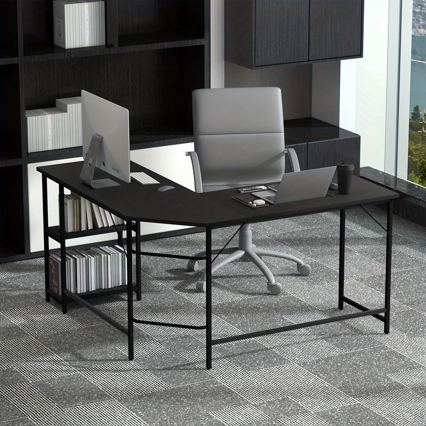 L-vormig Bureau – Hoekbureau – Werkplek Bureau – Gaming Bureau – Studiebureau – Zwart – Ruim Tafelblad 138x50 cm – Stevig Carbon Staal Frame
