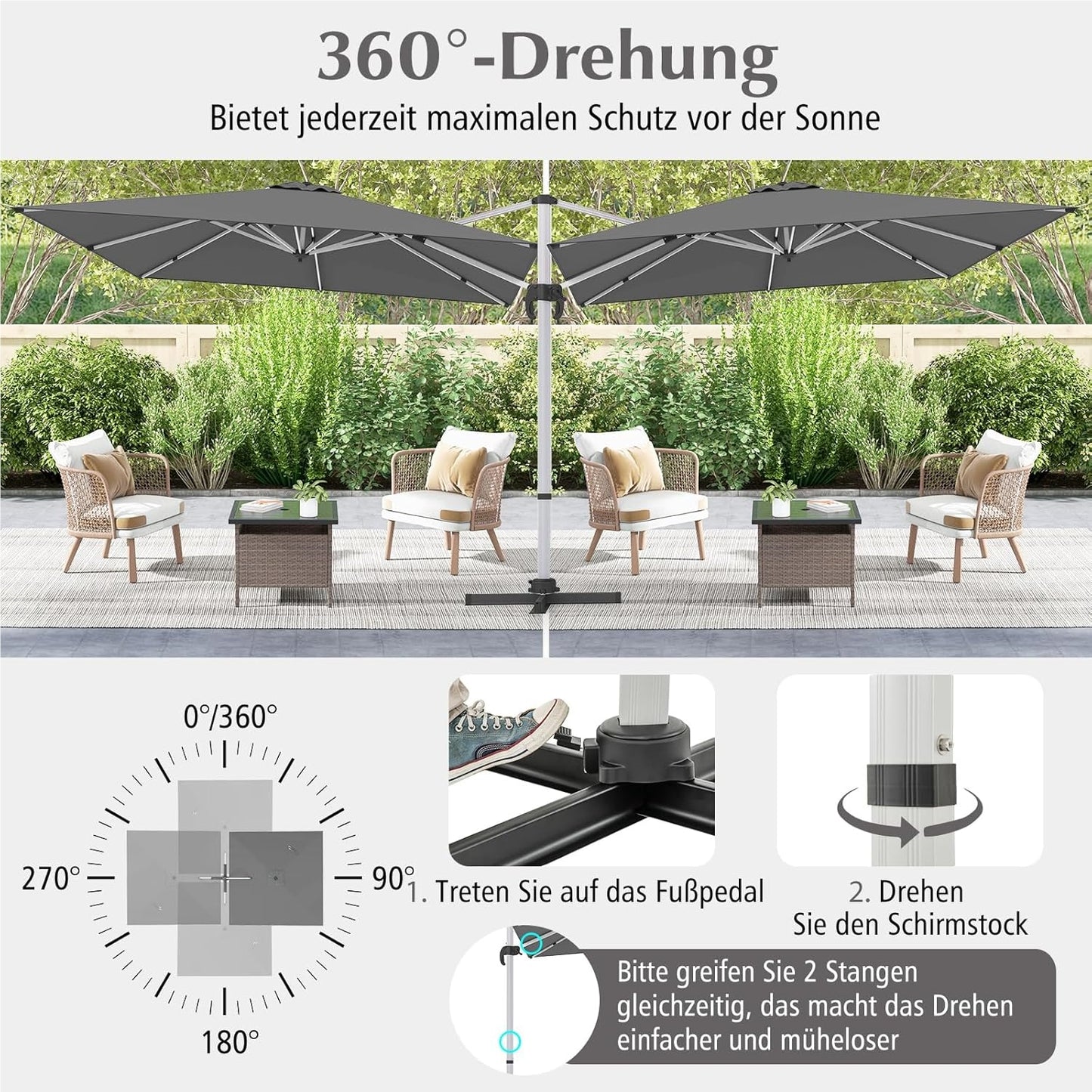 Zweefparasol – Hangparasol – Tuinparasol – Balkonscherm – Terrasparasol – Vierkant – 300x300 cm – Kantelbaar & 360° Draaibaar – Aluminium Frame & Waterafstotend Doek