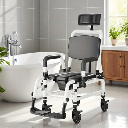 Douchestoel – Douchestoel Met Wielen – Douchekruk – Mobiele Douchestoel – Recliner Douchestoel – Aluminium Frame – Verstelbare Rugleuning & Hoofdsteun – Zwart