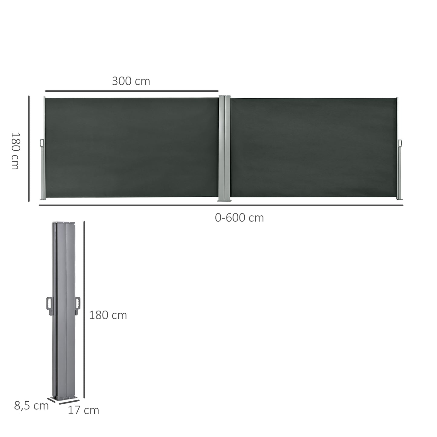 Uittrekbaar Scherm – Tuinafscheiding – Windscherm – Privacydoek – Balkonwand – Dubbelzijdige Privacy – 6 Meter Lang x 1,80 Meter Hoog – Anti-UV Polyester 180 g/m² Grijs