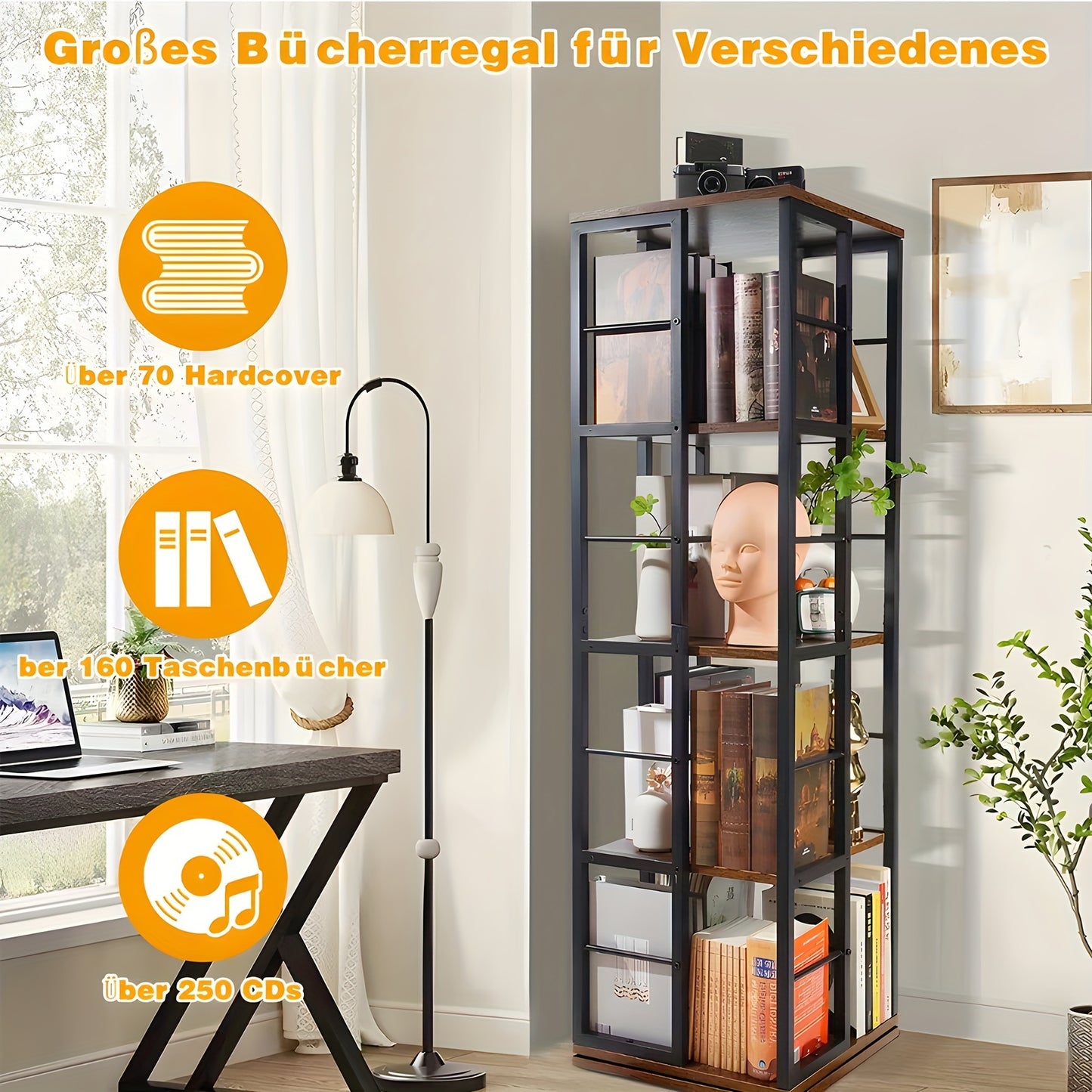 Draaibare Boekenkast – Boekenrek – Vakkenkast – Opbergkast – Plank – Zwart + Bruin – 5 Laags Met 360° Draaifunctie – Stevig MDF En Metaal – Compact En Vrijstaand Ontwerp