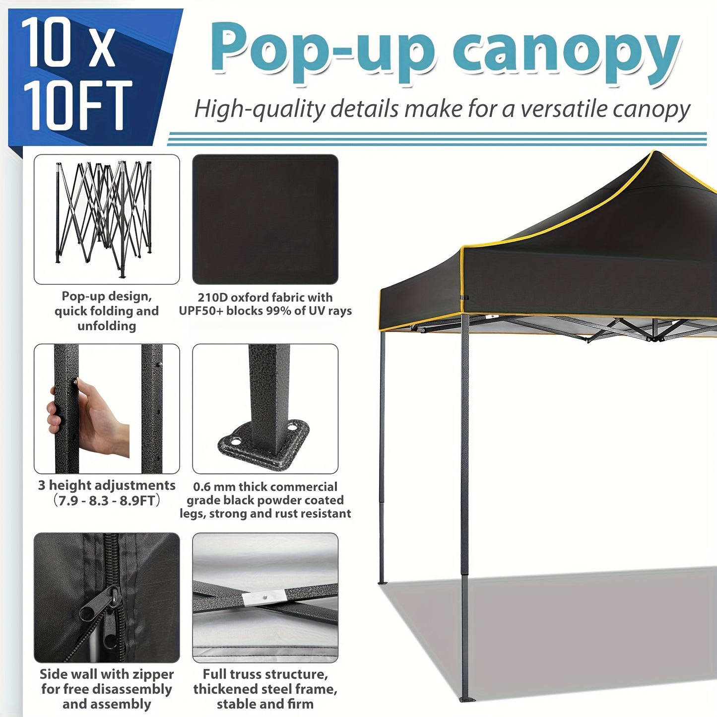 Pop-up Tent – Vouwtent – Partytent – Schaduwdoek – Zonnetent – 3,05 x 3,05 Meter – Snelle Opbouw – Inclusief Afneembare Zijwanden