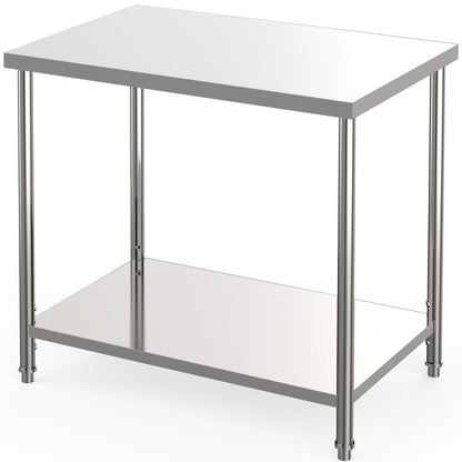 Heavy-Duty Commercial/Residential Stainless Steel Table 91.44cm x 60.96cm 2-Tier Prep Work Table with Adjustable Undershelf & Pre-Assembled Feet - Easy Assembly Large Service Table for Restaurant, Kitchen, Home, Garage - Dura