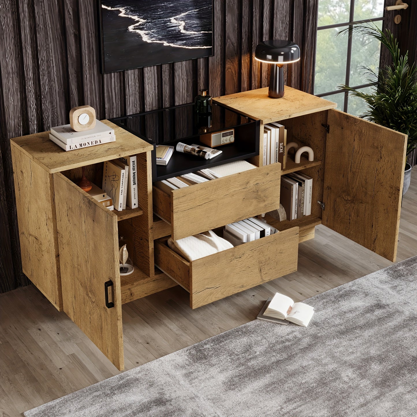 Bamboekast – Opbergkast – Boekenkast – Vitrinekast – Dressoir – Vrijstaand – Marmer-Effect Bovenblad – Robotstofzuigervriendelijk