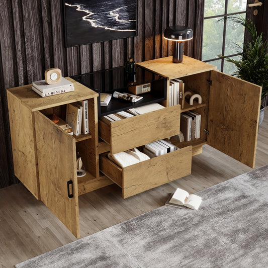 Bamboekast – Opbergkast – Boekenkast – Vitrinekast – Dressoir – Vrijstaand – Marmer-Effect Bovenblad – Robotstofzuigervriendelijk