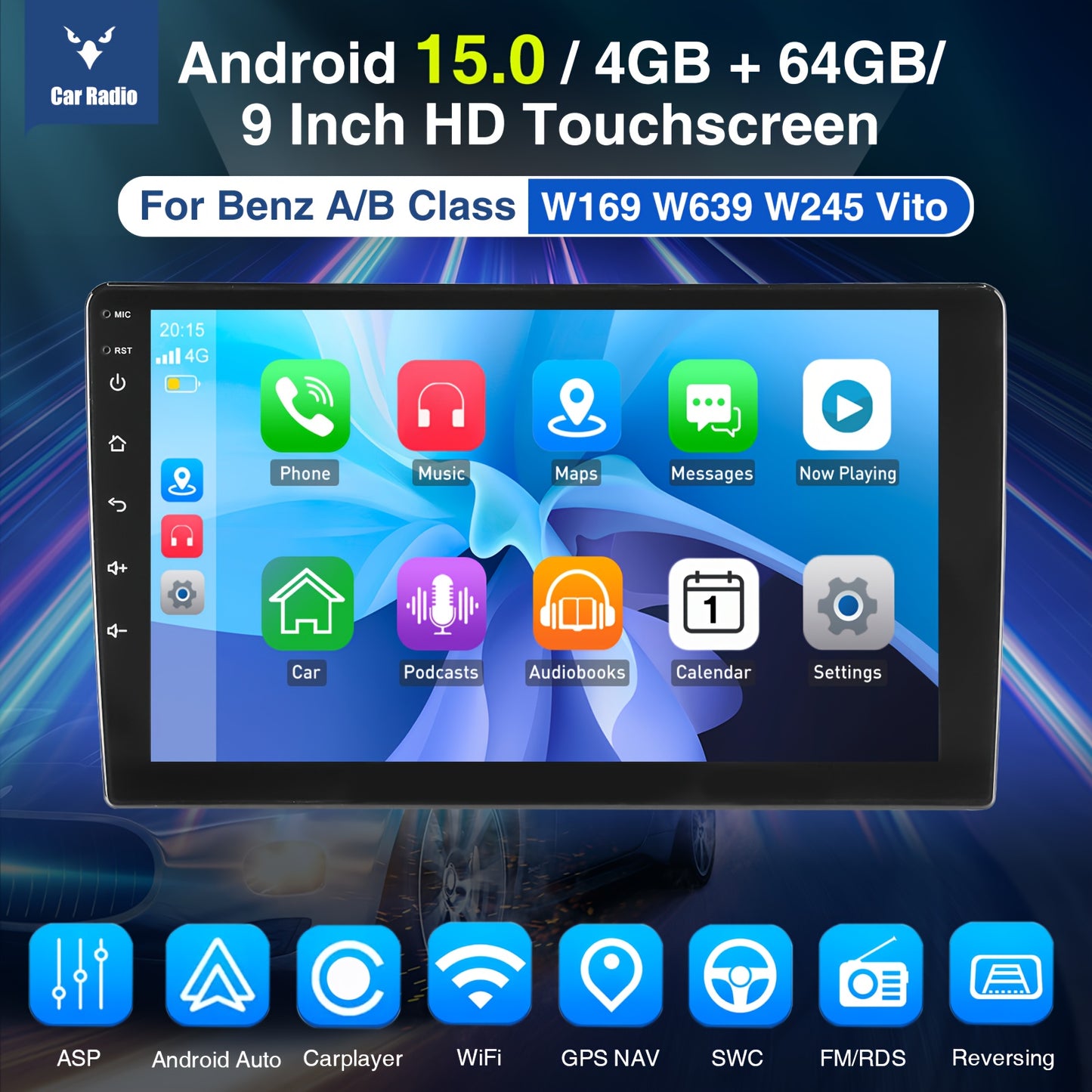 Android autoradio – Auto stereo – Multimedia speler – 2-DIN radio – Android car radio – 9 inch IPS touchscreen – Android 15.0 met WiFi en GPS – Inclusief 12 LED camera en microfoon