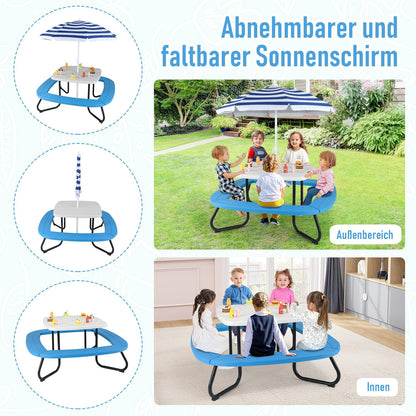 Kinderpicknicktafel – Kindertafel – Buitentafel – Speeltafel – Kindertuinmeubel – Voor 8 Kinderen – Weerbestendig HDPE – Verstelbaar Zonnescherm Blauw