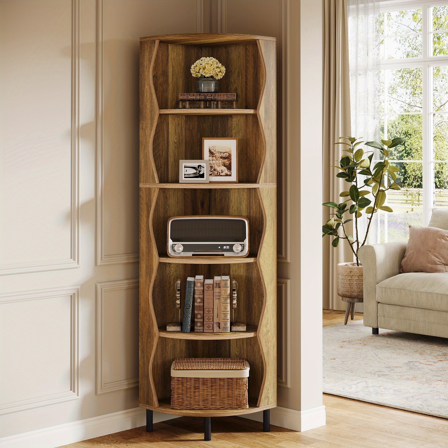 Hoekshelf – Hoekplank – Hoekkast – Hoekmeubel – Hoekopberger – Extra Hoog 182 cm – Robuuste Houtlook Bruine Afwerking