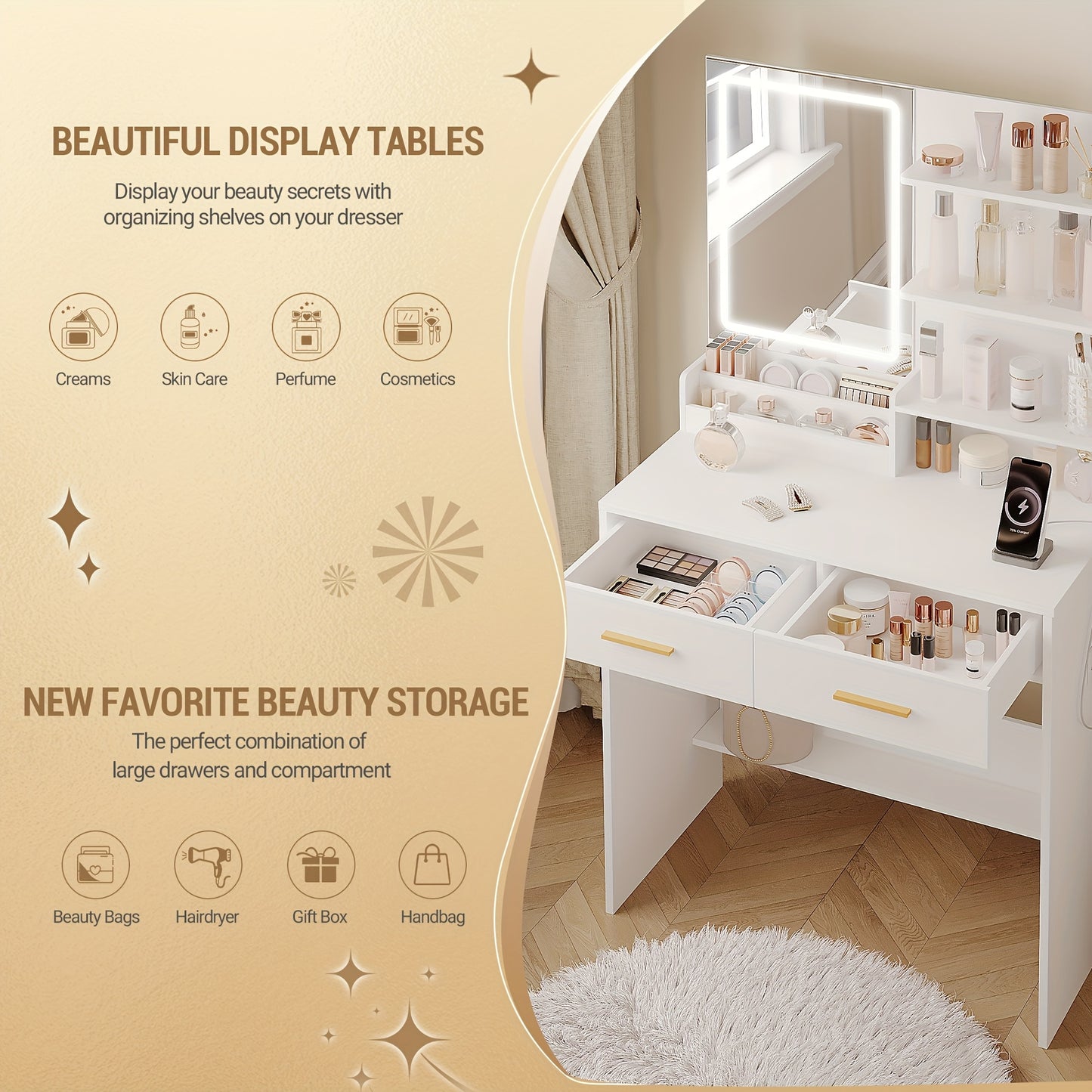 Kaptafel – Make-up tafel – Sieradendoos – Spiegelkast – Opbergmeubel – Wit – Verstelbare LED-verlichting – 2 Stopcontacten & 2 USB-poorten